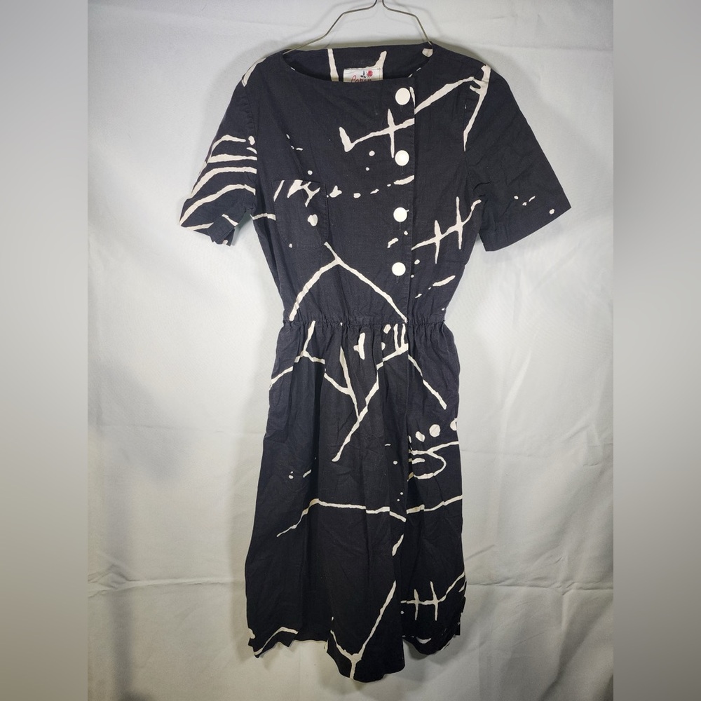 Caron Vintage Black Abstract Midi Dress Size 6